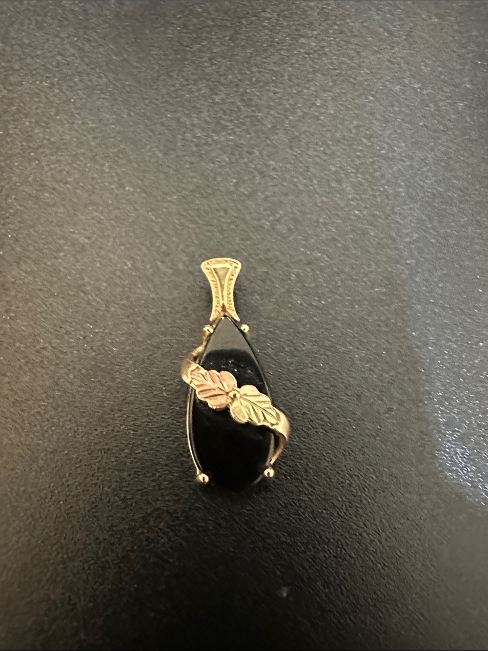 Black Onyx Teardrop Pendant with Black Hills Gold Leaf Accent